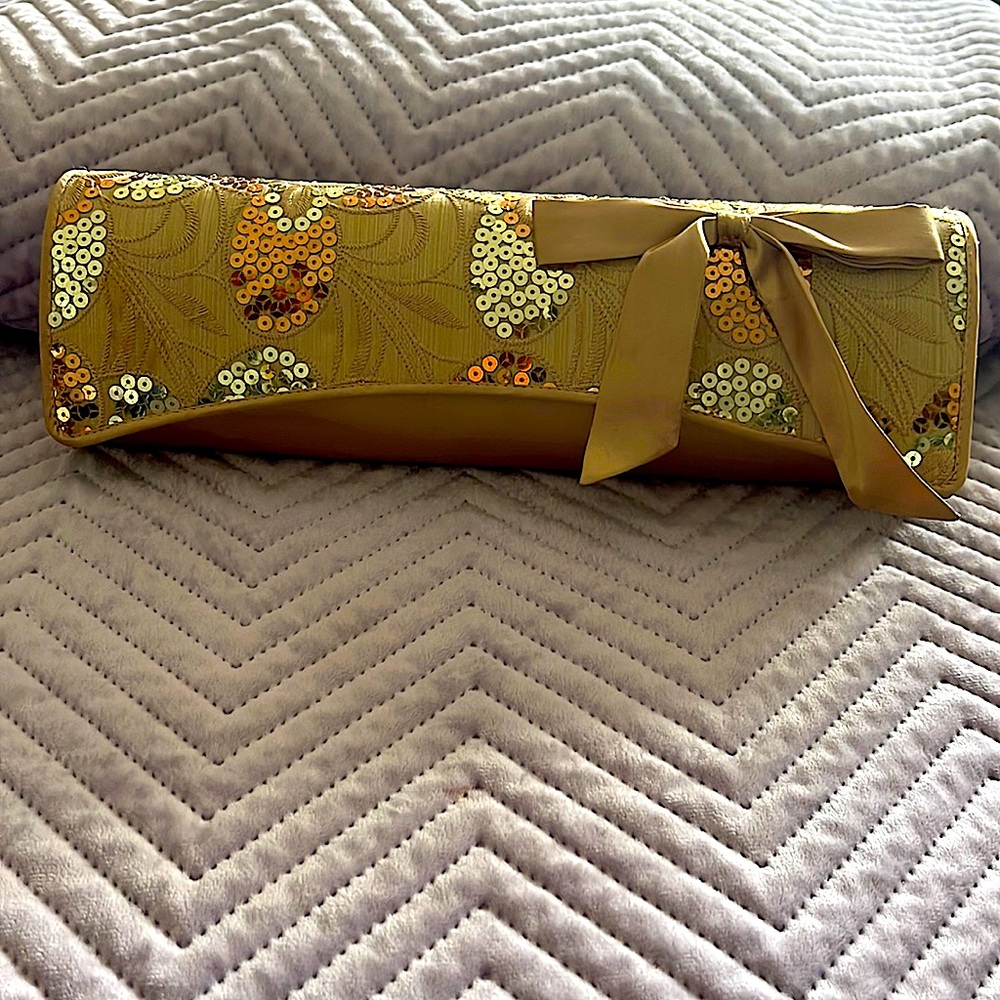 Gold satin embroidered leaf design sequins with satin bow